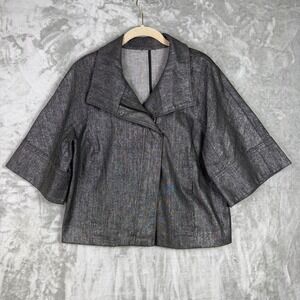 Boxy Metallic Denim Jacket Grey Silver Funnel Neck Wide Sleeve Crop Art to Wear